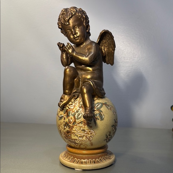 Bronze Putti Angel Figurine on Decorative Globe